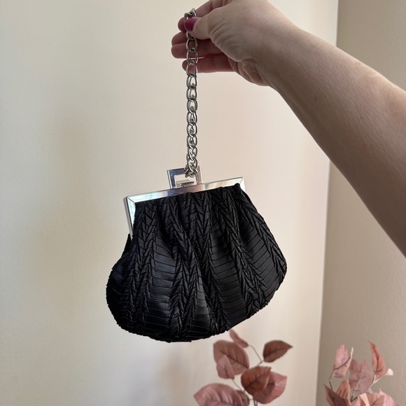 Black Satin Evening Bag Silver Hardware Chain Strap Wristlet Shoulder Purse - Picture 7 of 12